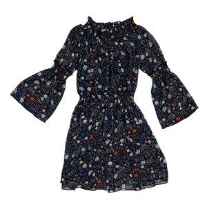 Girls Navy Floral Smocked Dress — Bell Sleeve Ruffle Neckline — Size 10